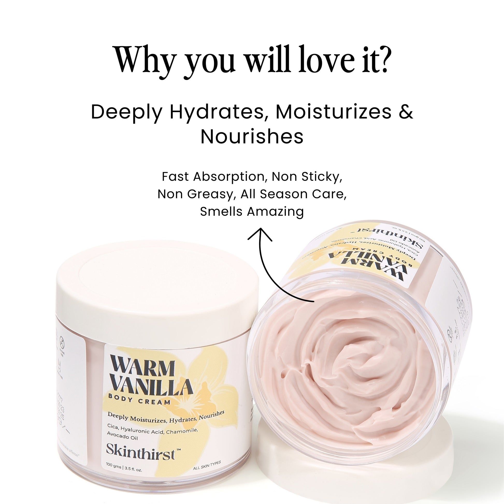 non sticky non greasy body butter, it deeply hydrates, moisturizes and nourishes the skin